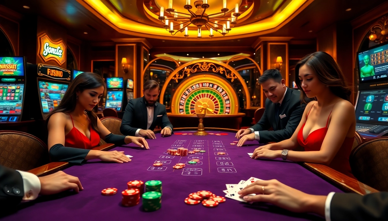 Expérience de casino en ligne passionnante avec des joueurs à une table de poker et des machines à sous illuminées.