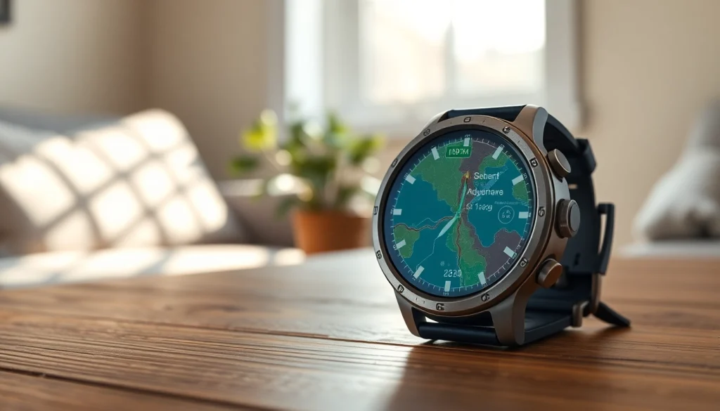 Showcasing the Explorer GPS Smart Watch with a vibrant map display and metallic texture on a wooden table.