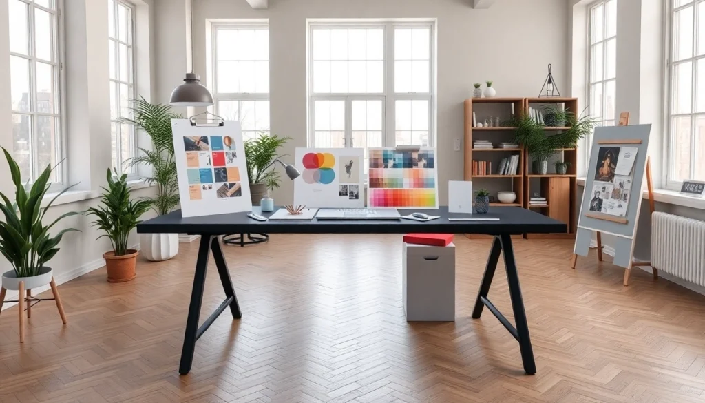 Projektowanie wnętrz online w nowoczesnym biurze z narzędziami i paletami kolorów.