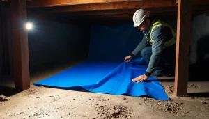 Vapor Barrier Installation process showcased with a contractor applying the barrier in a crawl space.