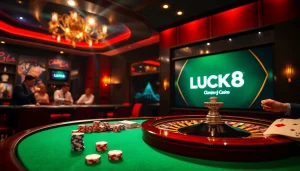 LUCK8 players enjoying an exciting casino atmosphere with roulette and poker chips.