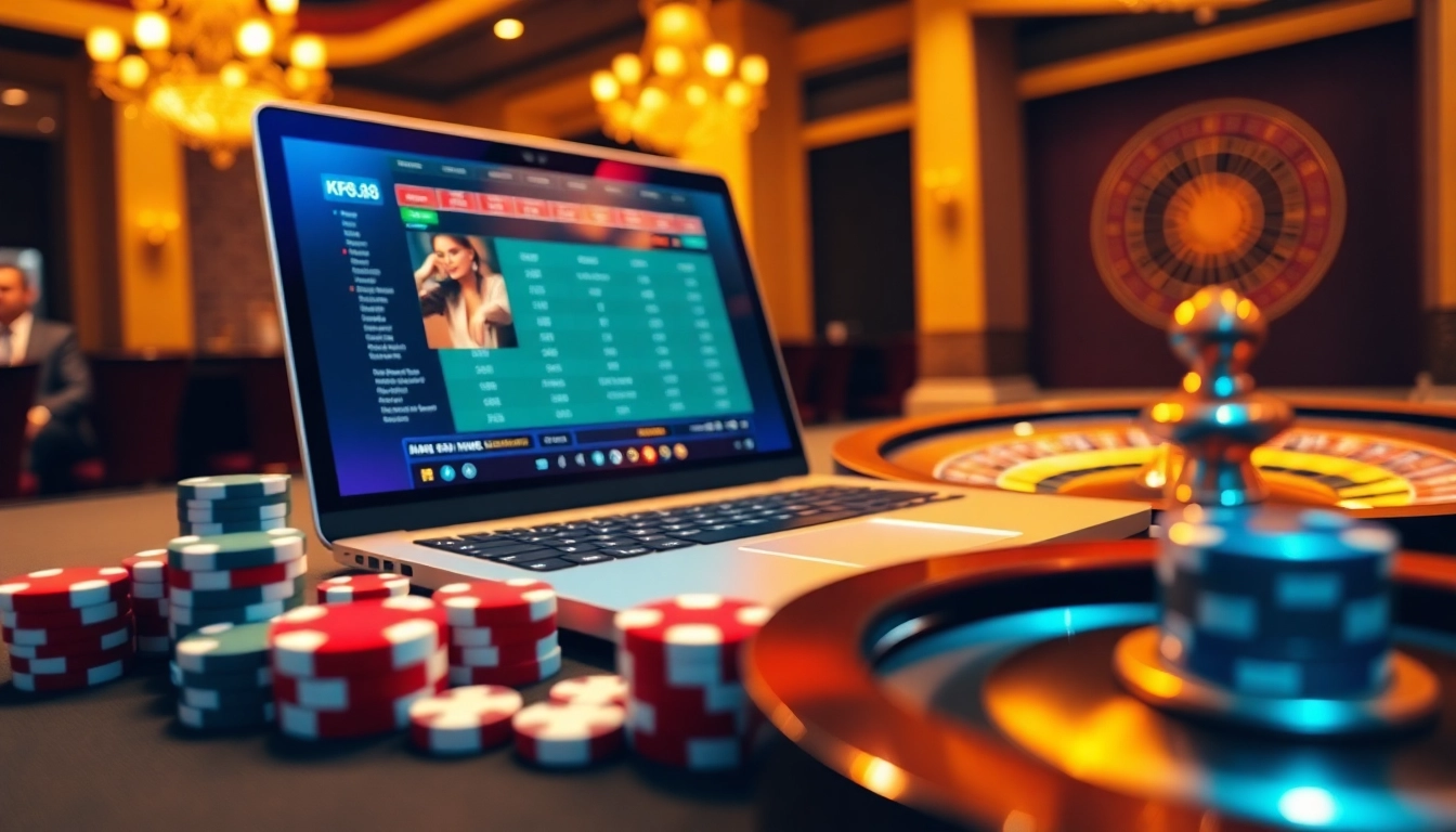 Experience luxurious online gambling with kp 88 digital interface surrounded by poker chips and dice.