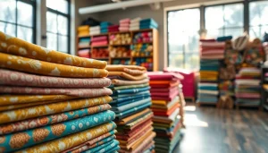 Katoen stof kopen: kleurrijke katoenen stoffen in een handige winkelpresentatie.