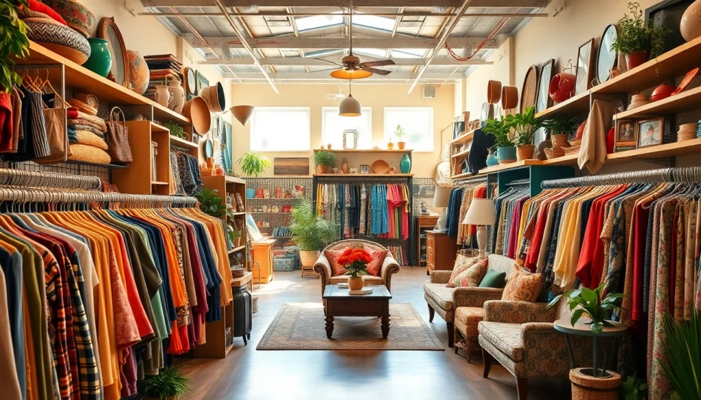 Shop at a bustling thrift store filled with vintage clothing and unique treasures.