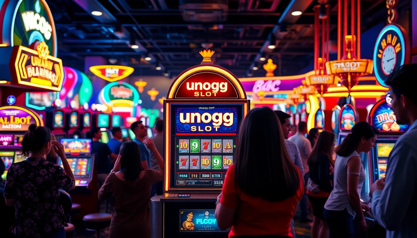 Menampilkan "unogg slot" di mesin slot yang penuh warna dengan pemain yang antusias.