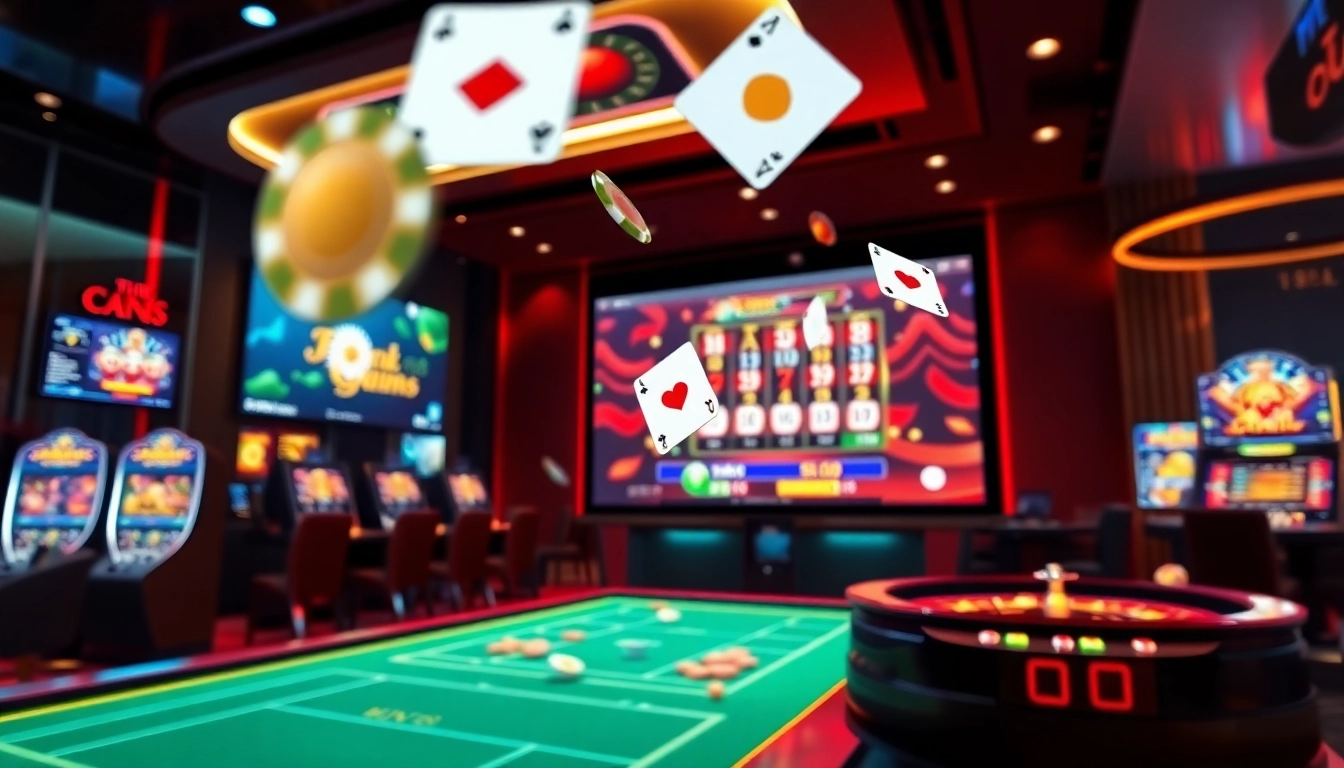 Scène de casino en ligne mettant en vedette des roues de roulette numériques, des machines à sous et des tables de poker, créant une expérience de jeu immersive.