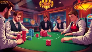 Players engaged in intense poker action at RR99's luxurious casino table.