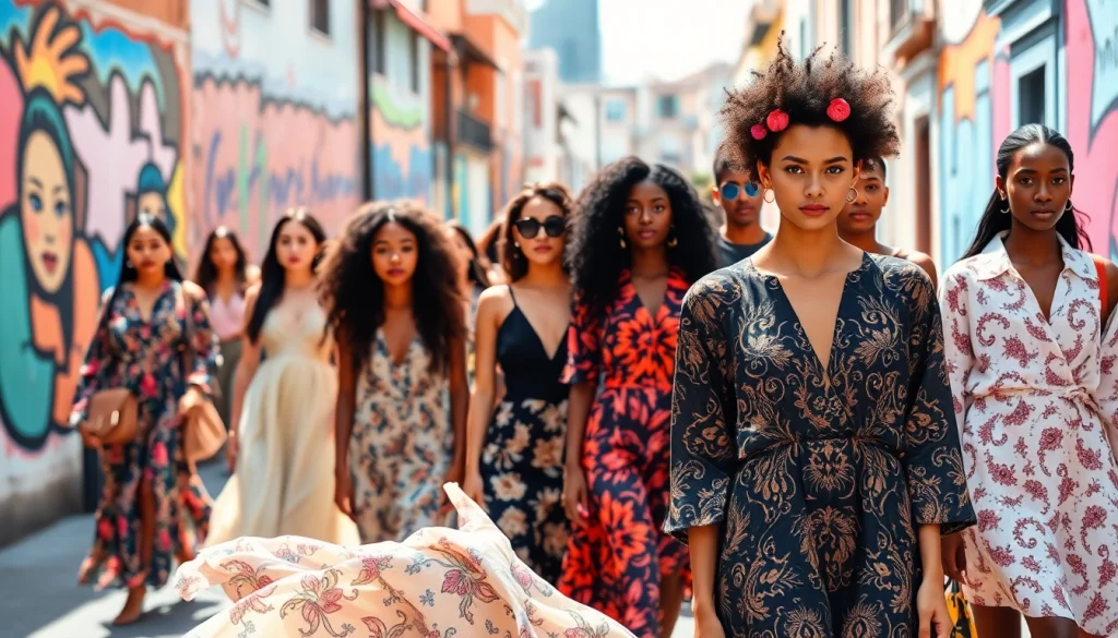 Highlighting models in vibrant Fashion and Apparel in an urban setting, showcasing diverse styles.