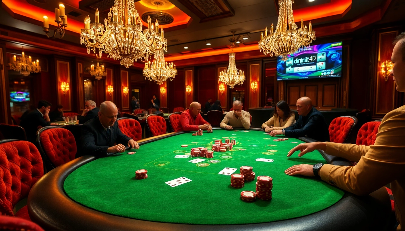 Players enjoying a high-stakes poker game showcasing dinamit4d online gambling excitement.