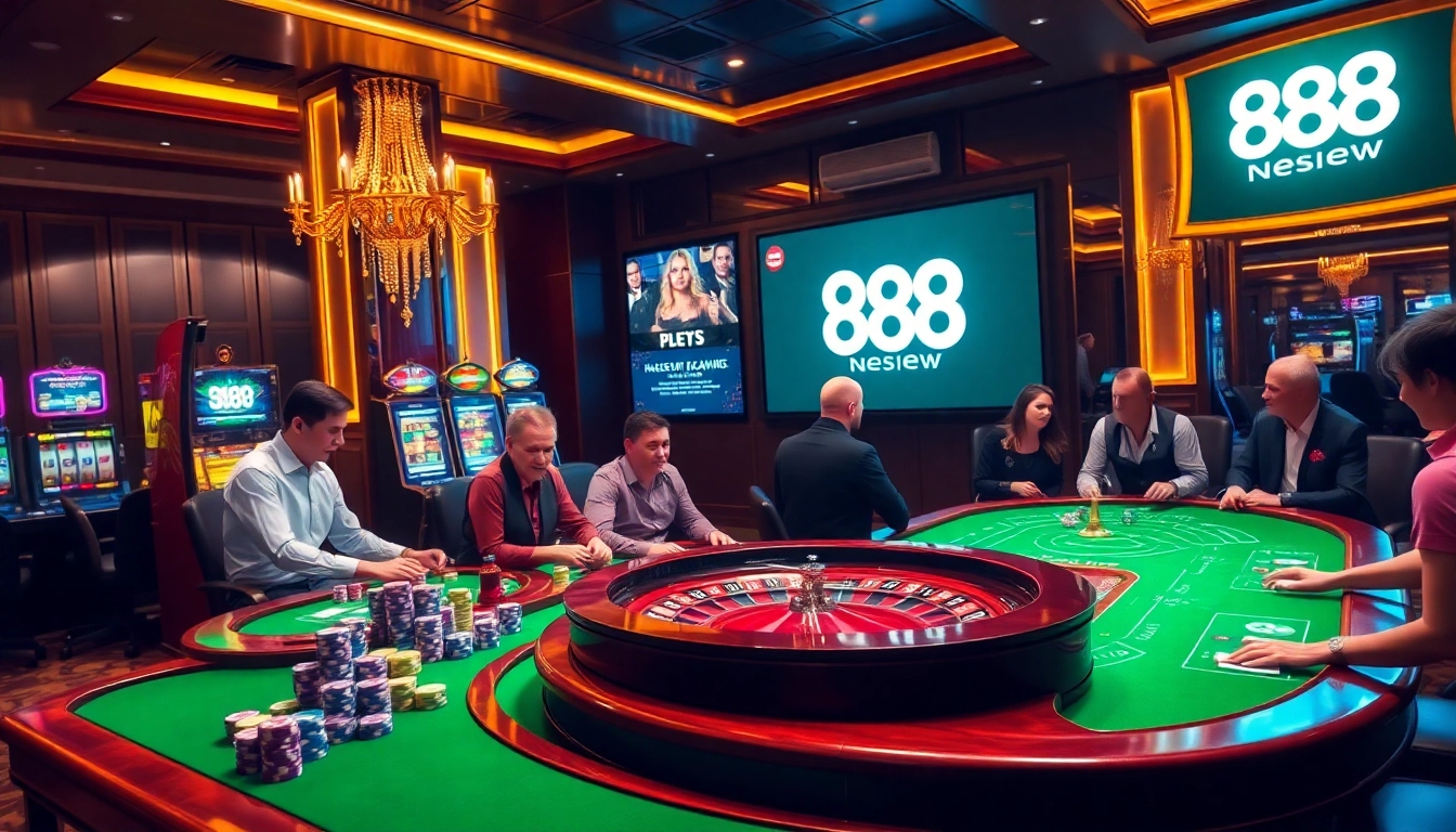Experience the thrill of 888new casino games with vibrant visuals of players at engaging tables.