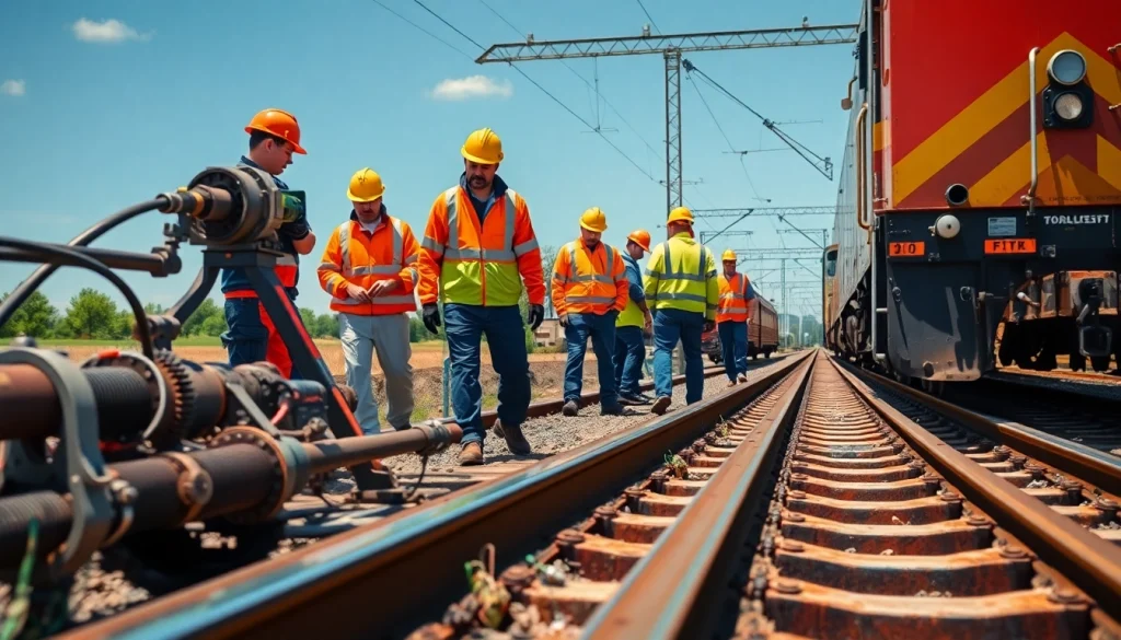 Emergency RailroadRepair team conducting urgent repairs on tracks in a rural setting.