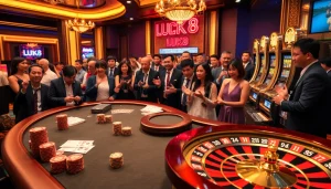 Experience the thrill of LUCK8 in a luxurious casino setting filled with vibrant gaming elements.