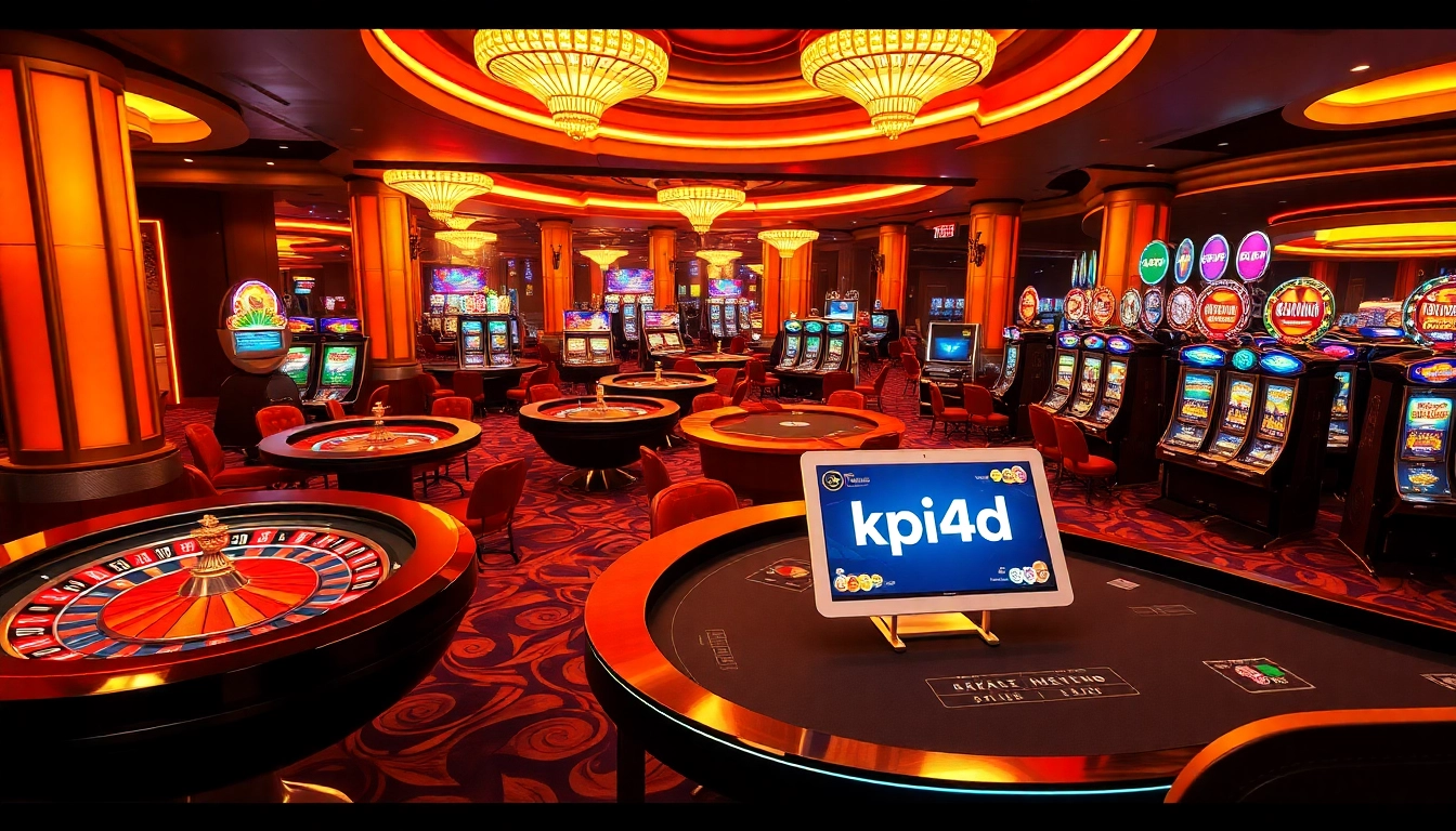 KPI4D action scene showcasing a vibrant casino floor filled with roulette, poker, and slot machines.