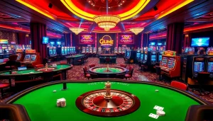 Une scène vibrante d'un casino en ligne avec des tables de poker et des machines à sous, capturant l'excitation du jeu.