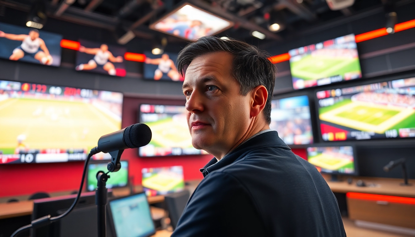 Engaging sports broadcasting announcer in a vibrant studio during a live commentary session.
