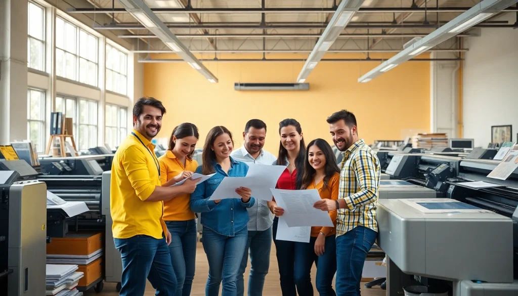 Efficient budget printing edmonton team collaborating in a bright workshop.
