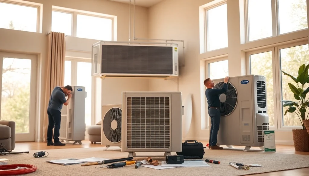 Technicians installing american standard heat pumps in a modern, well-lit living room.
