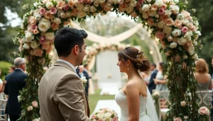 Wedding photographer capturing a couple at an elegant outdoor wedding with floral arch.