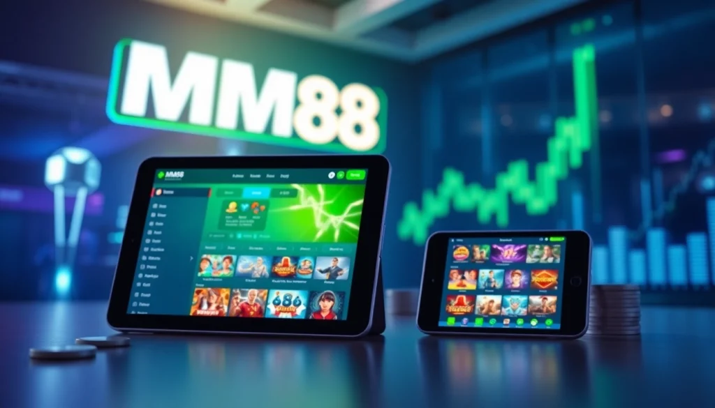 MM88 gaming platform interface showcasing diverse games on multiple devices, emphasizing user-friendly online experience.