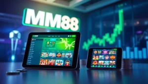 MM88 gaming platform interface showcasing diverse games on multiple devices, emphasizing user-friendly online experience.