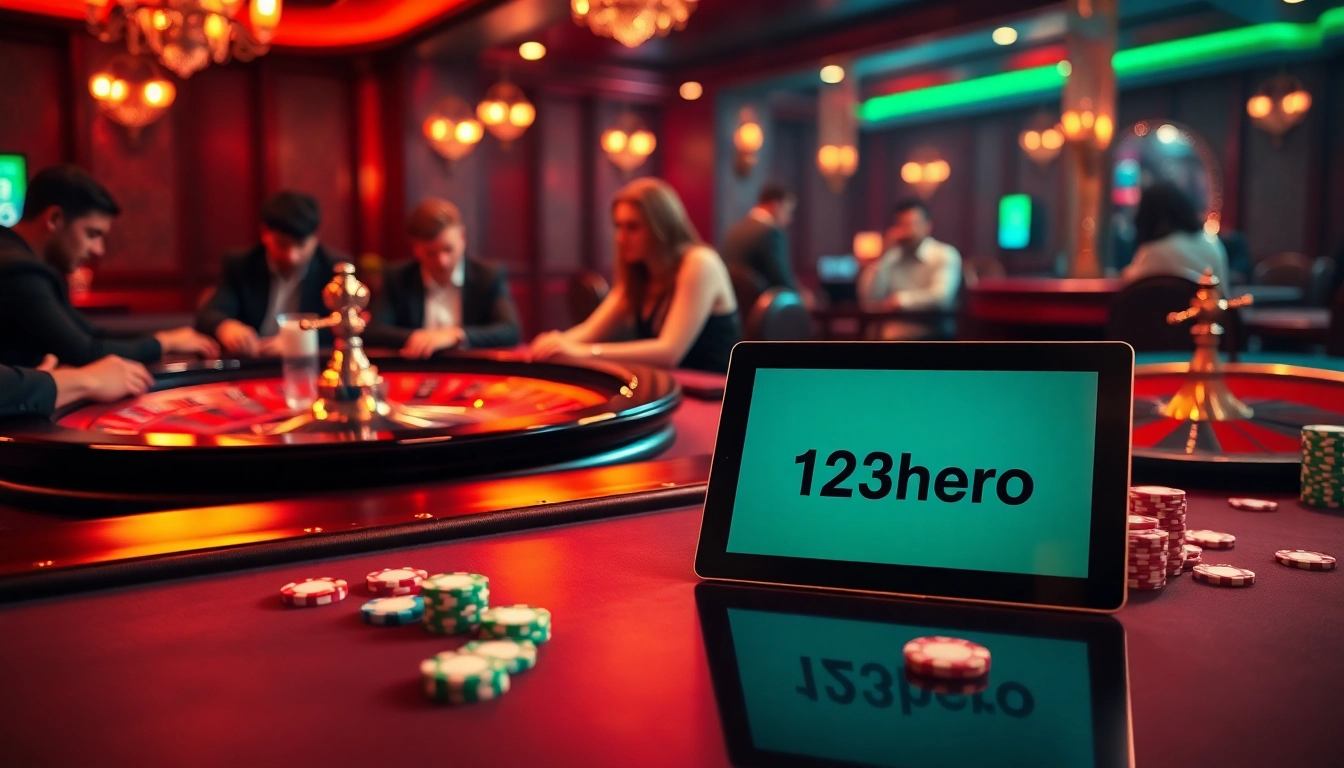 Engage with the thrilling casino experience featuring 123hero, poker chips, and roulette.