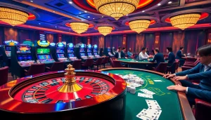 Experience the excitement of LC88 with a vibrant casino scene featuring roulette, poker, and slot machines.