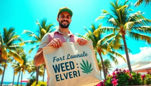 Fort Lauderdale weed delivery service with a friendly courier in a vibrant tropical setting.