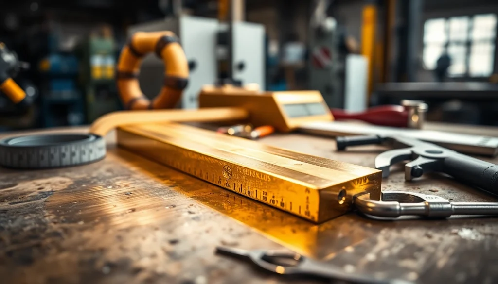 Muncă profesională care prezintă Platbanda alama (bară plată din alamă) pe o masă de lucru cu unelte.