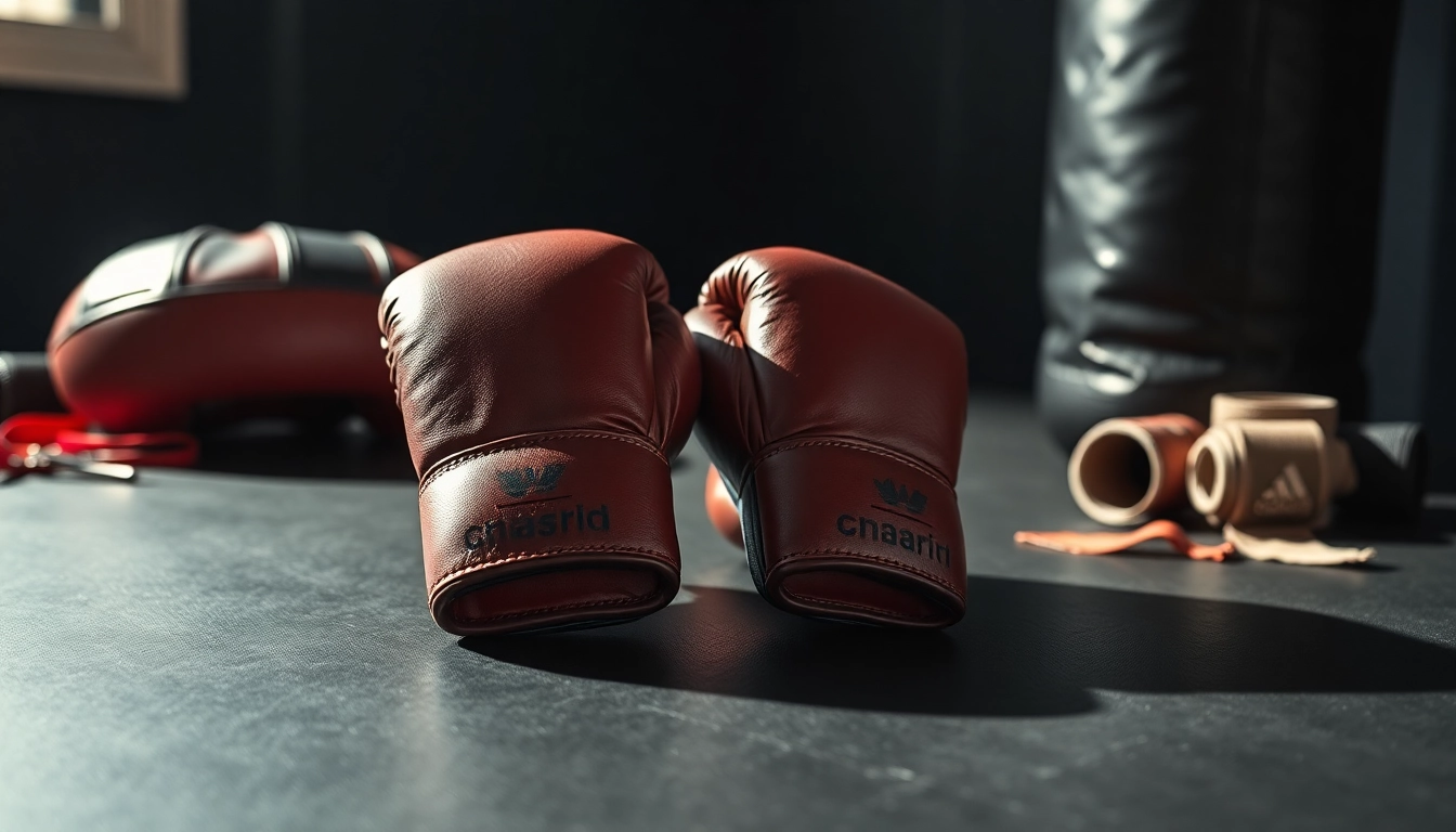 Hochwertige MMA gloves für das Training, hervorgehoben auf einer eleganten schwarzen Oberfläche.