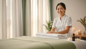 차분한 가정 환경에서 전문적인 태국인 젊은 테라피스트가 제공하는 수원 출장마사지 서비스의 모습.