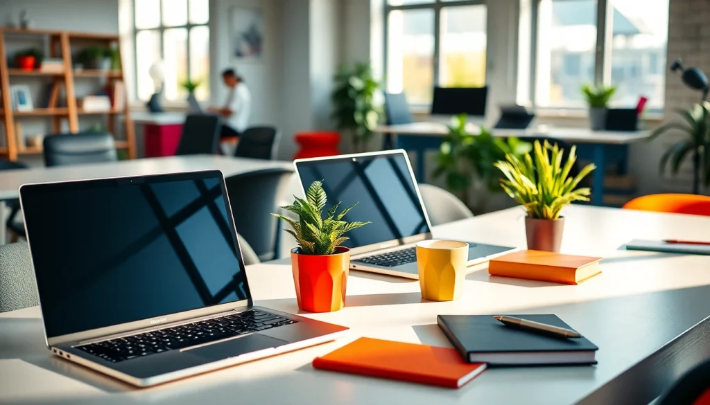 Wydajne laptopy na biurku w nowoczesnym otoczeniu z dodatkami.