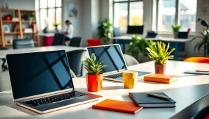 Wydajne laptopy na biurku w nowoczesnym otoczeniu z dodatkami.