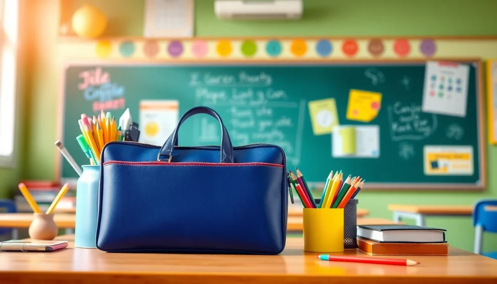 Präsentation der Handytasche Klassenzimmer auf einem Schreibtisch mit bunter Ausstattung.