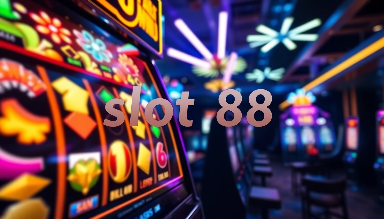 Menang besar di slot88 dengan mesin slot penuh warna dan suasana kasino digital yang cerah.
