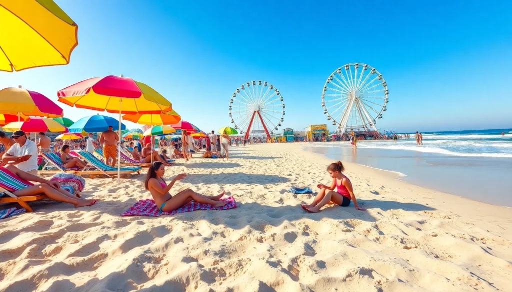 Enjoying the sun at https://myrtlebeachsc.com/ with colorful umbrellas and sandy shores.
