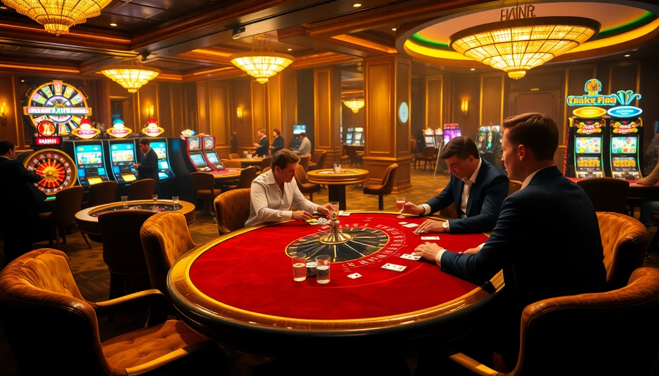 Atmosphère excitante de casino en ligne avec des joueurs autour d'une table de poker et une roulette qui tourne.