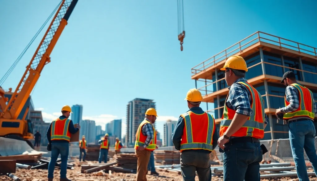 Workers engage in colorado construction news at a modern site, highlighting collaboration and safety measures.