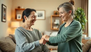 Engaging caregiver providing in home health care services near me for an elderly person in a cozy living room.