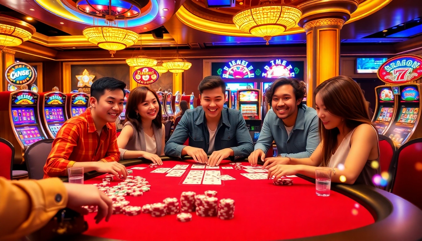 KJC casino players enjoying high-stakes poker at a vibrant table, capturing thrilling moments.