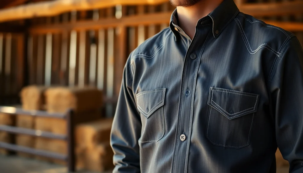 Cowboy shirt Canada showcased in a rustic ranch setting with warm tones and traditional design.