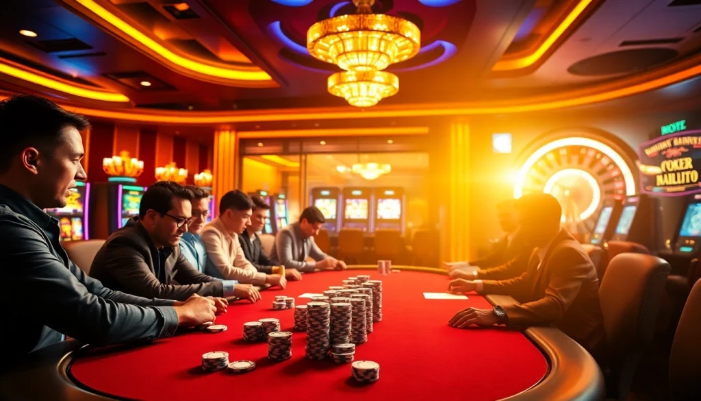 Joueurs de casino en ligne profitant d'un poker à enjeux élevés à une table élégamment éclairée.
