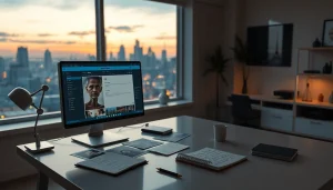 Image to prompt generator in a modern studio with AI tools and city skyline