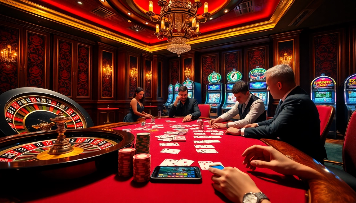 Scène de casino en ligne captivante avec des joueurs de poker, des jetons vibrants et une roue de roulette tournante.