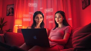 Engaging scene of a user interacting with an NSFW AI girlfriend on a laptop, highlighting intimate, warm ambiance.
