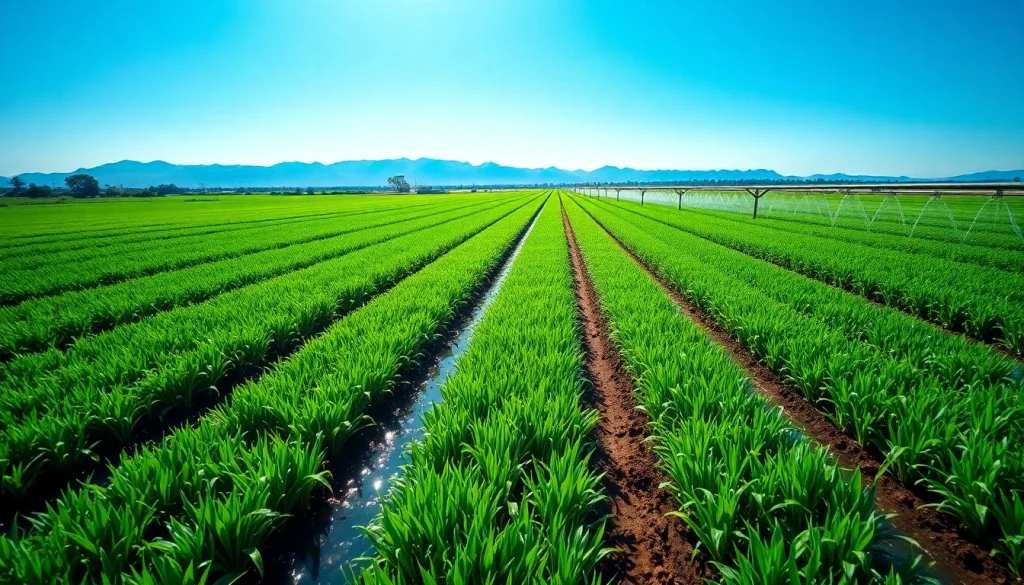 Land irrigation system actively watering lush crops in a vibrant agricultural landscape.