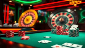 Scène vibrante d'un casino en ligne avec une table de poker, des jetons colorés et une roulette.