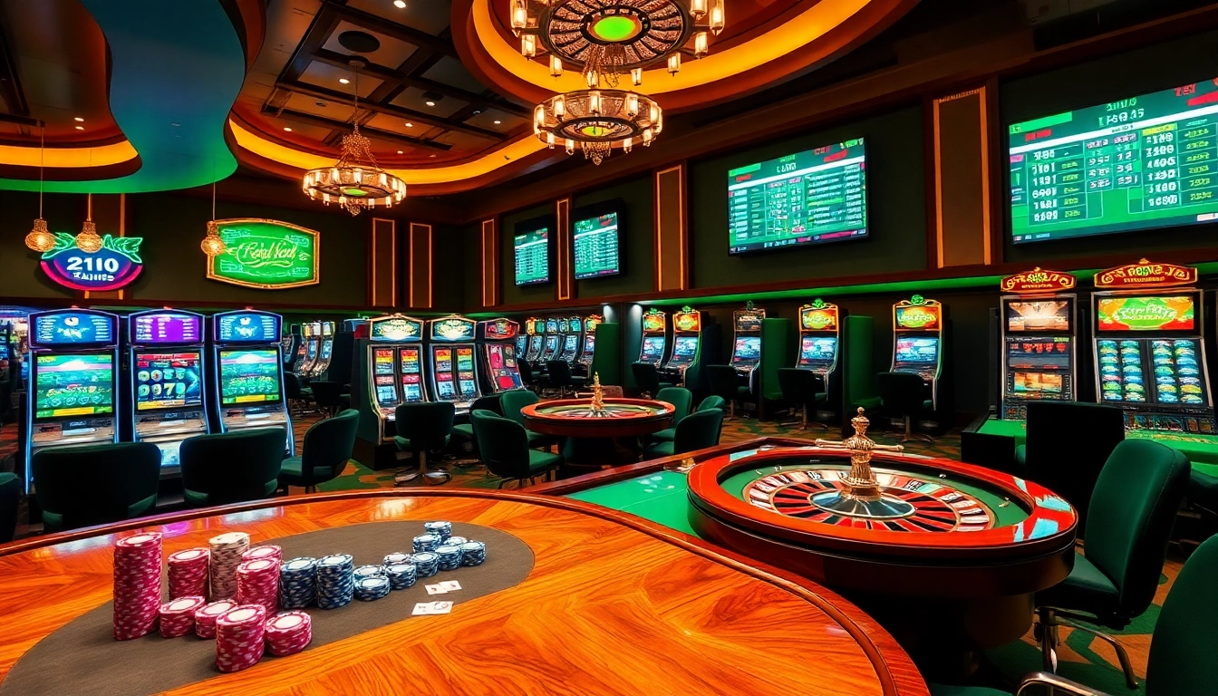 Une scène de casino en ligne époustouflante avec une table de jeu animée entourée de jetons de poker colorés et de cartes.