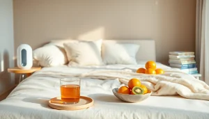 温かいお茶とビタミン豊富な果物で風邪を一晩で治す方法を示す静かな寝室の情景。