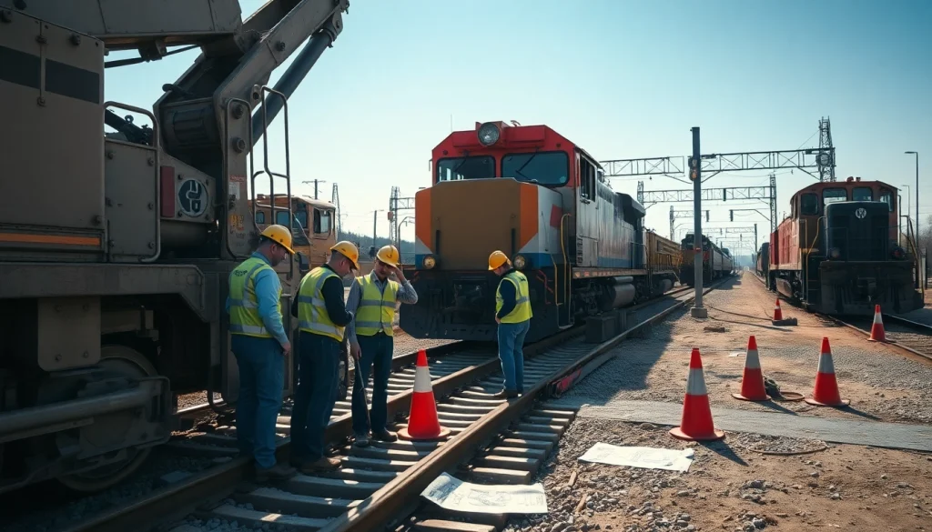 Engineers diligently engaging in Emergency Railroad Repair with heavy machinery and essential tools.