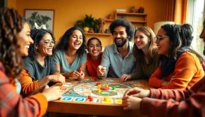 Engaged friends enjoying fun Games to play with friends around a colorful table setup.